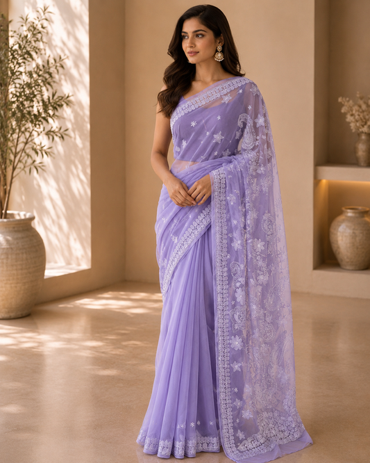 Lavender Chikankari Saree 01