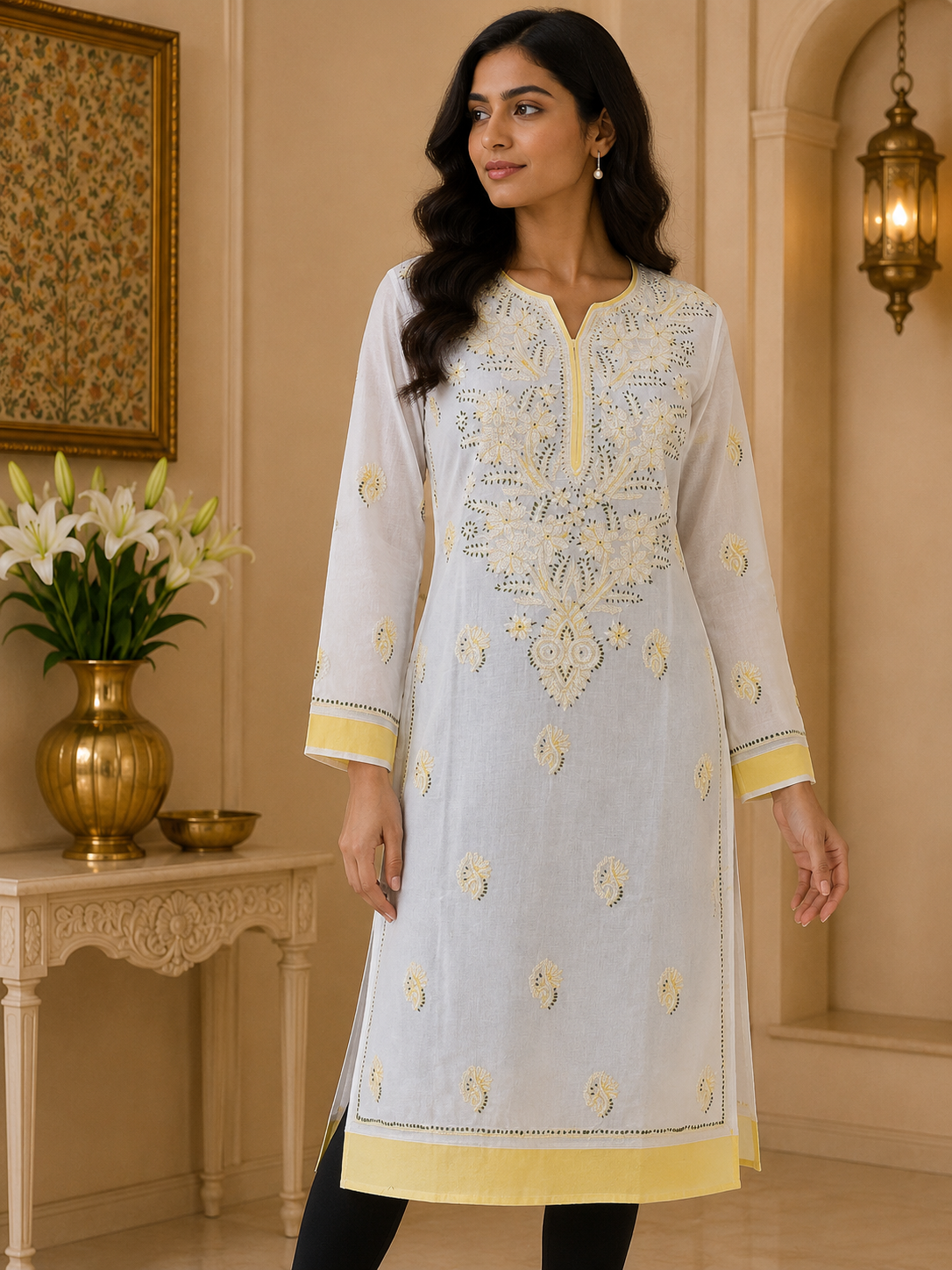 White & Yellow Chikankari Kurta