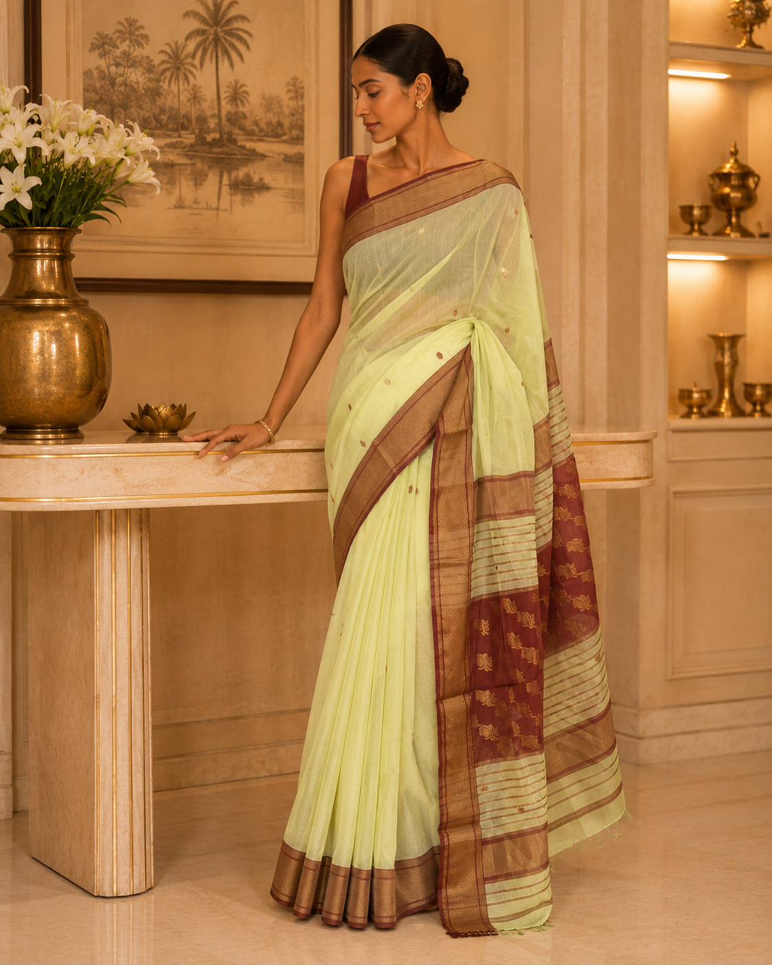 Maheshwari Vine Weaving Pallu Green Saree