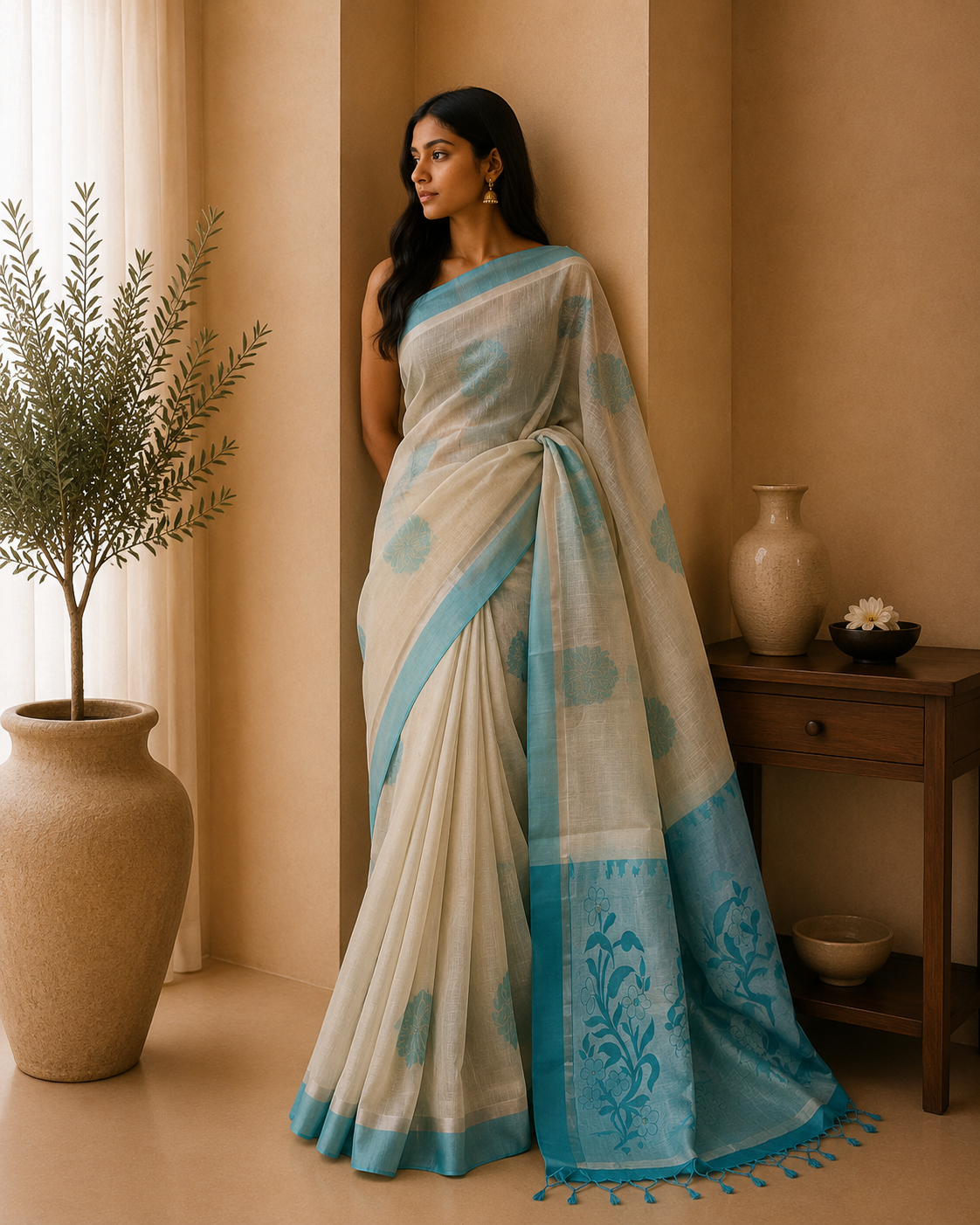 The Serene Azure: Beige and Light Blue Kora Organza Saree