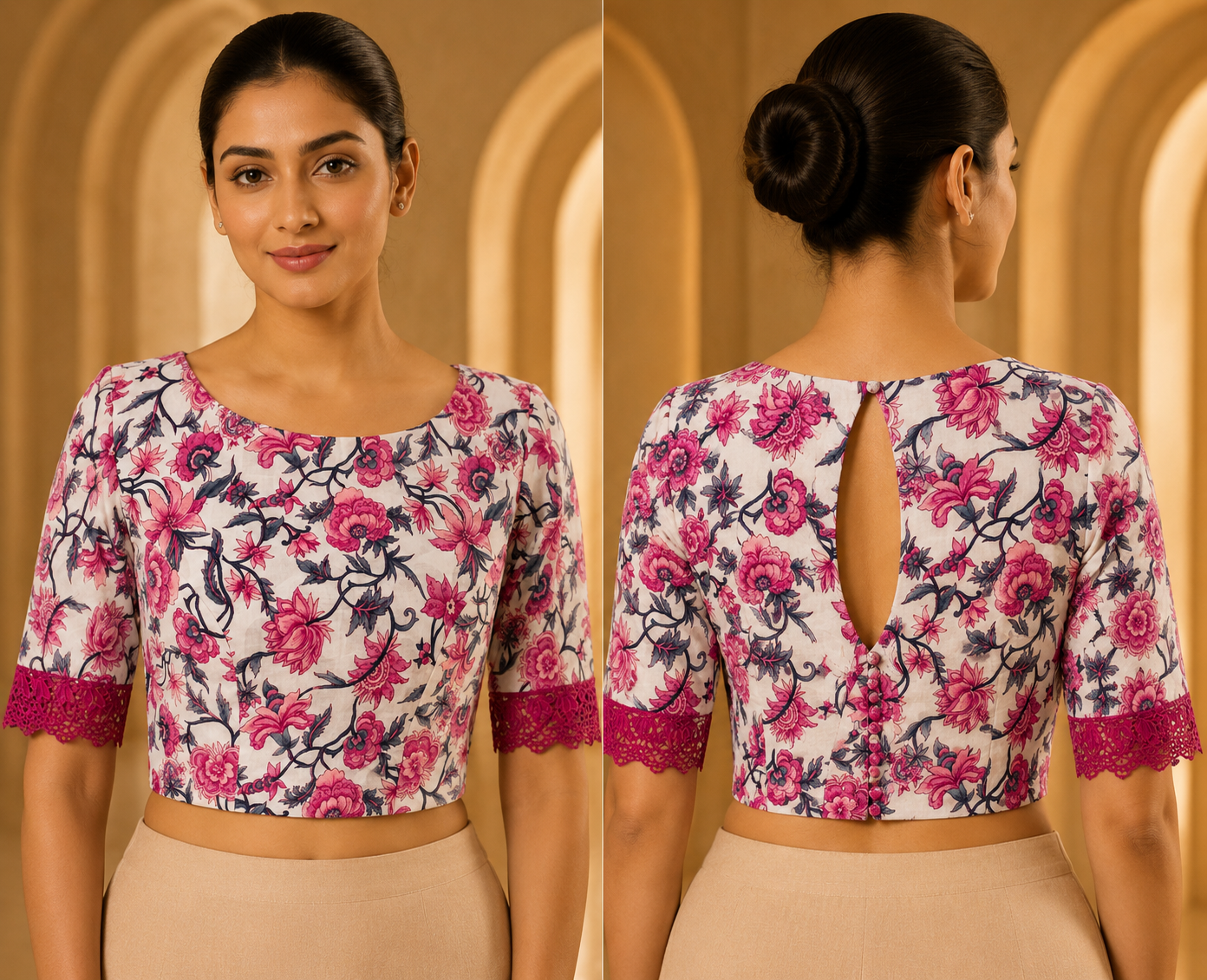 Pink floral boat neck Blouse