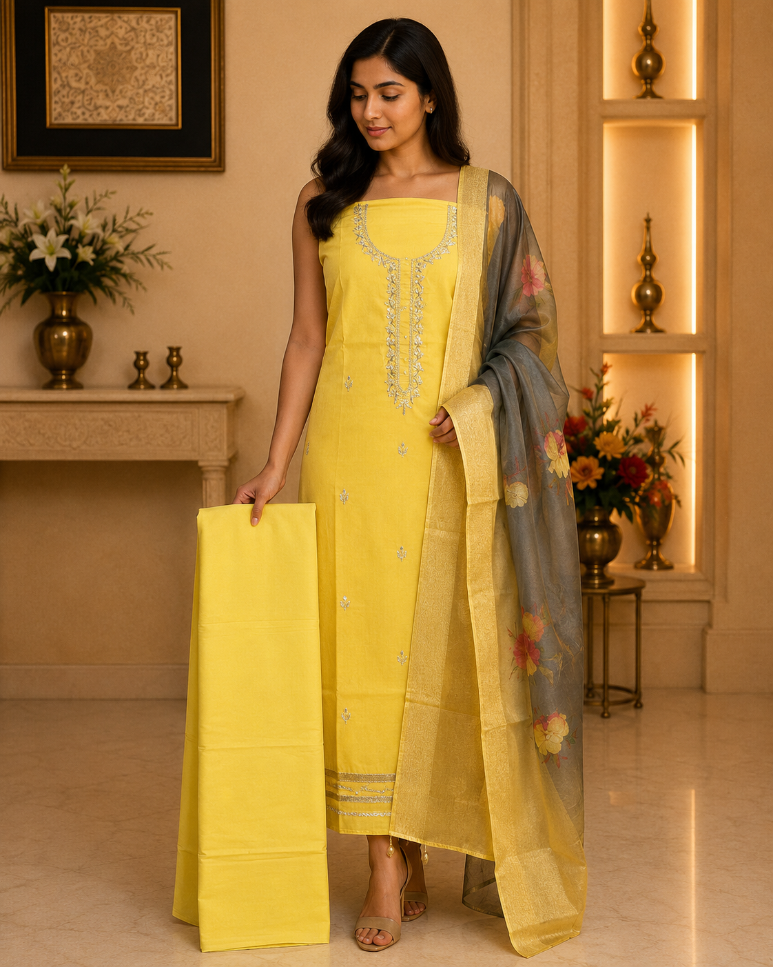Yellow satin handwork Cotton DM