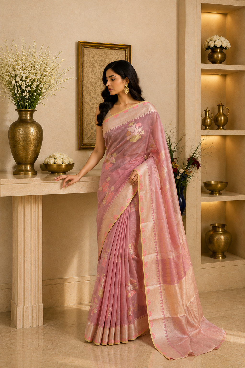 Onion Benaras Kora Organza Saree
