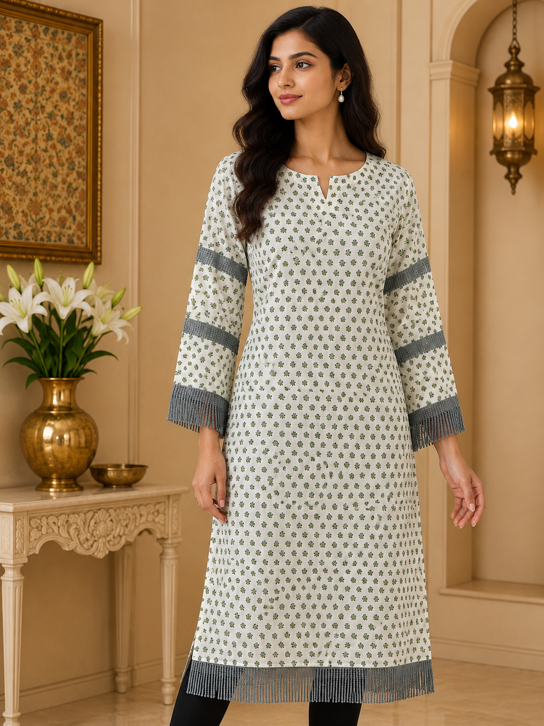 Beige with green cotton kurta grey lace