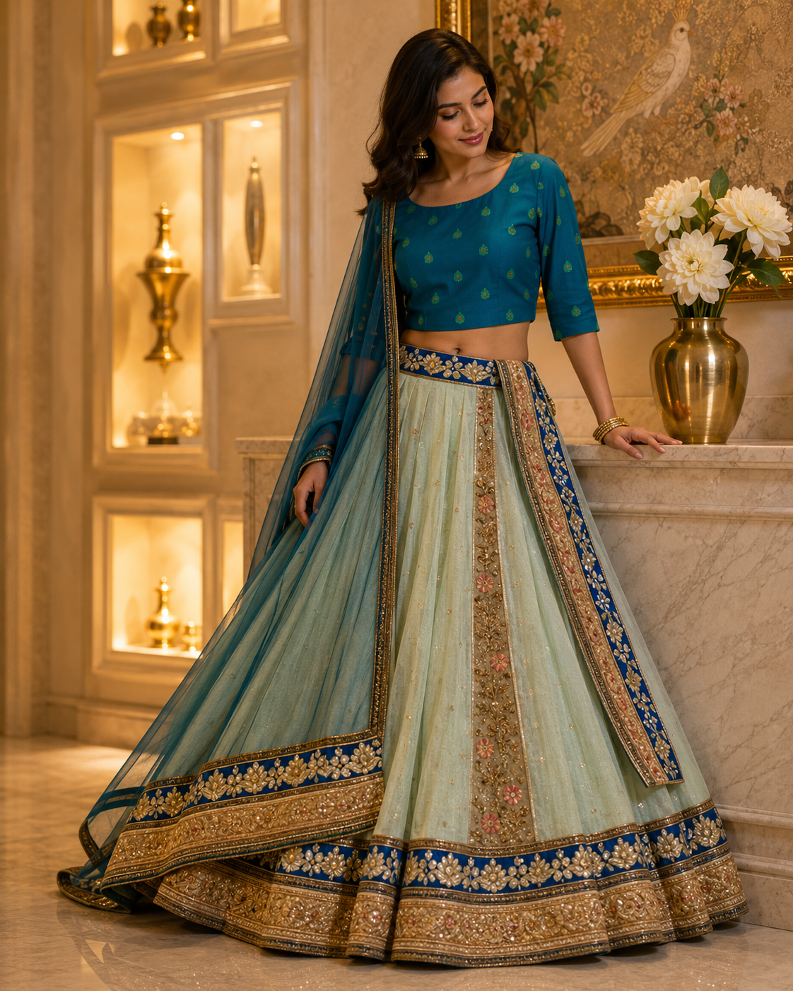 Blue and Beige Mysore Georgette Silk lehenga set