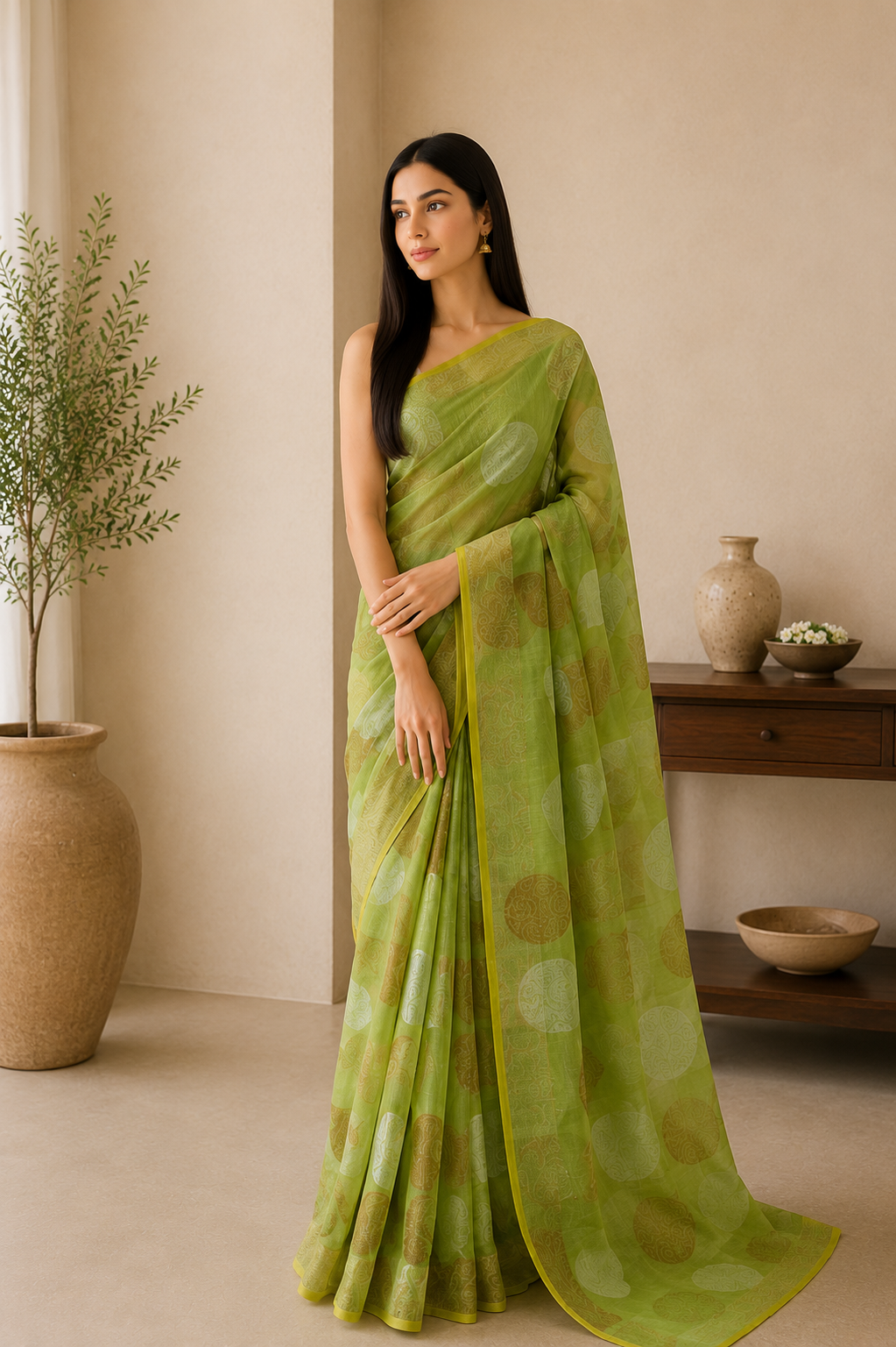 The Zesty Radiate: Lime Green Benaras Cotton Silk Saree
