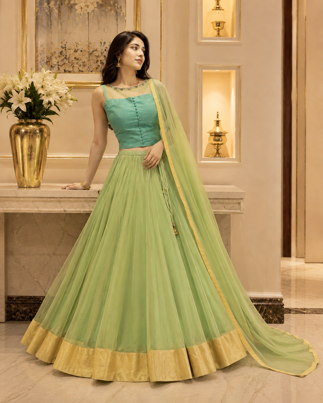 Lime green dupion silk lehenga set