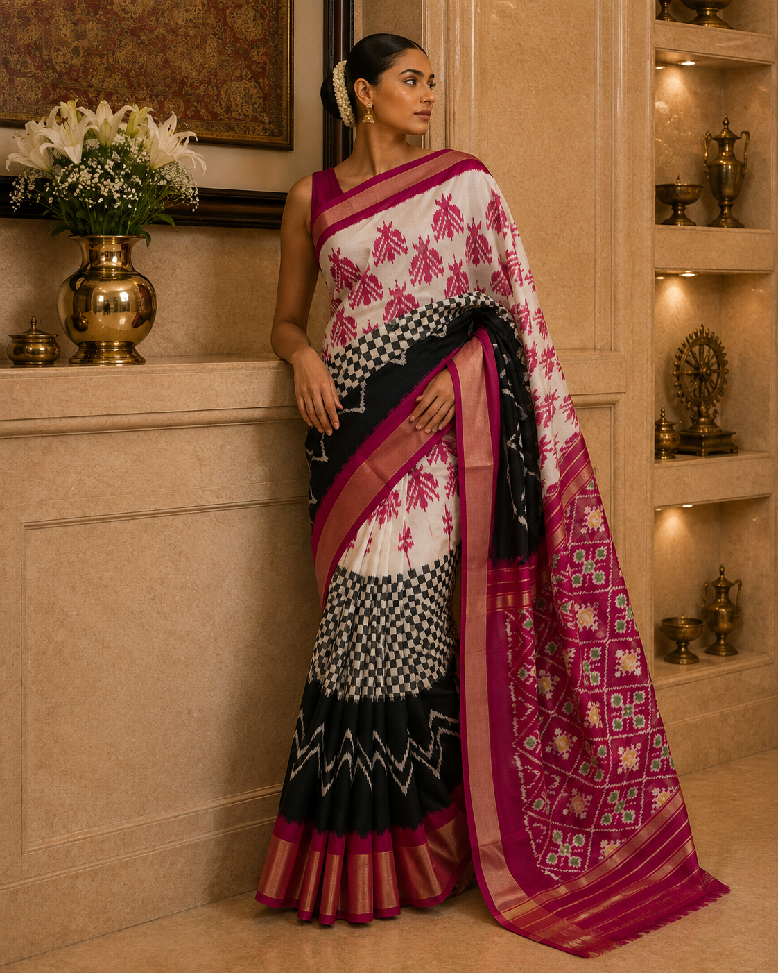 Ikkat Pure Silk Pink Saree