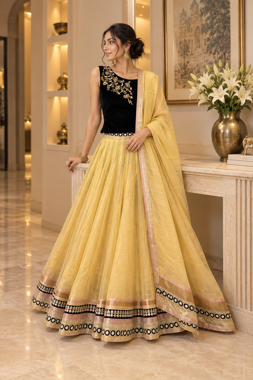 Yellow Organza And Black velvet Lehenga Set