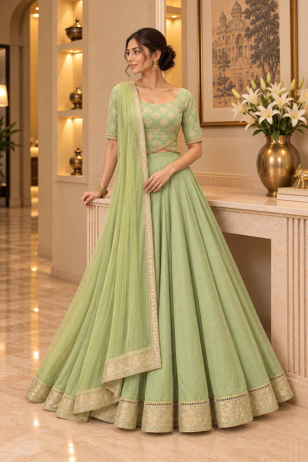 Mint Green Chanderi Cotton Silk Lehenga Set