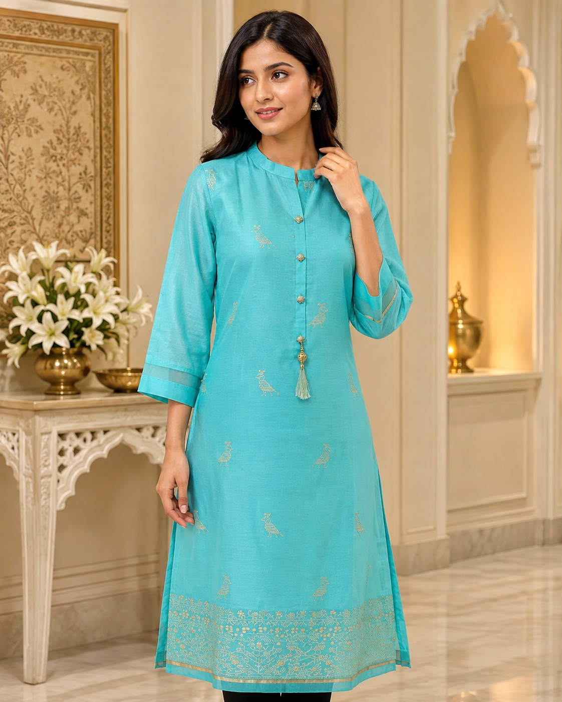 Sea Blue Chanderi Long Readymade kurta