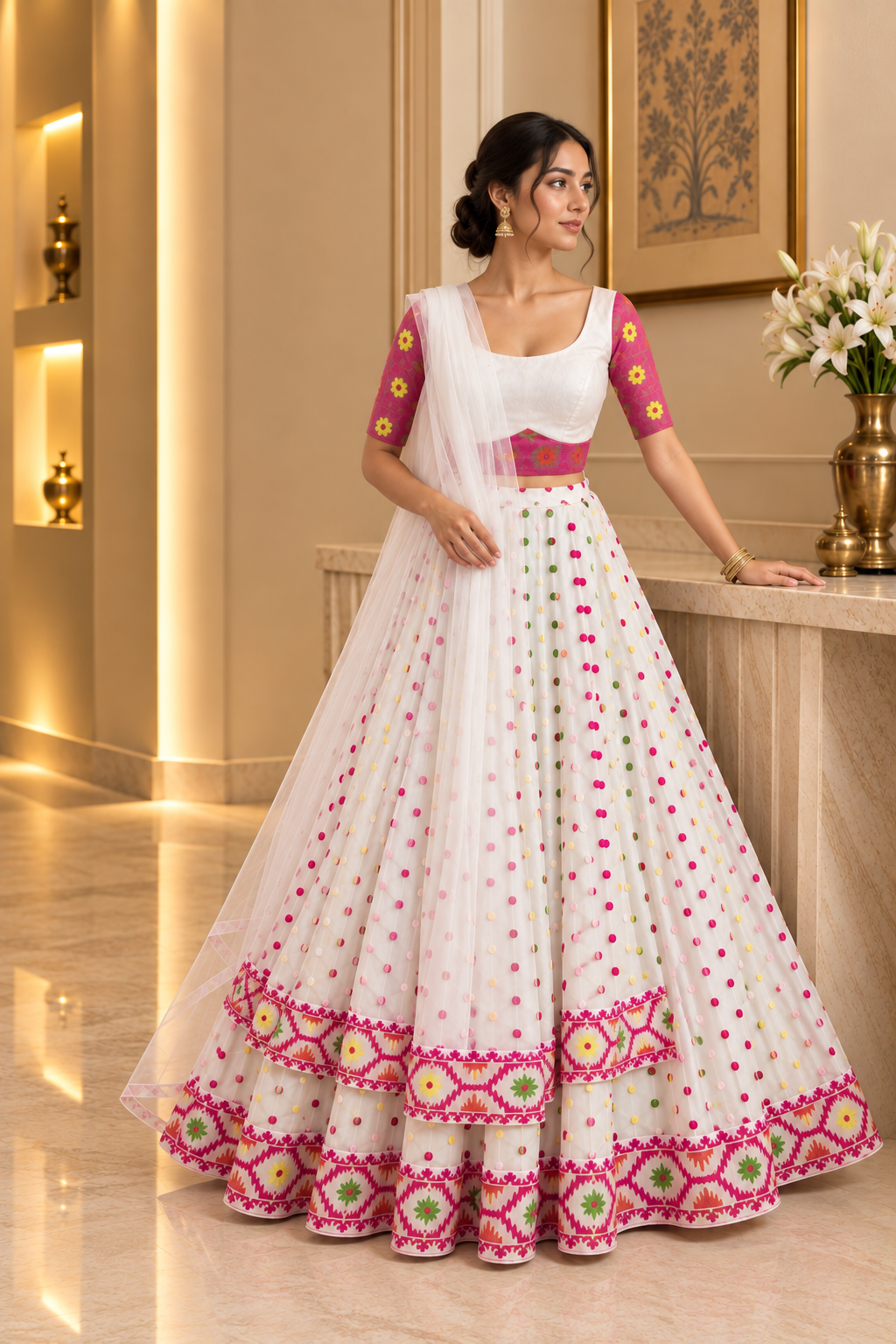 White Jamdani colourful Lehenga Set