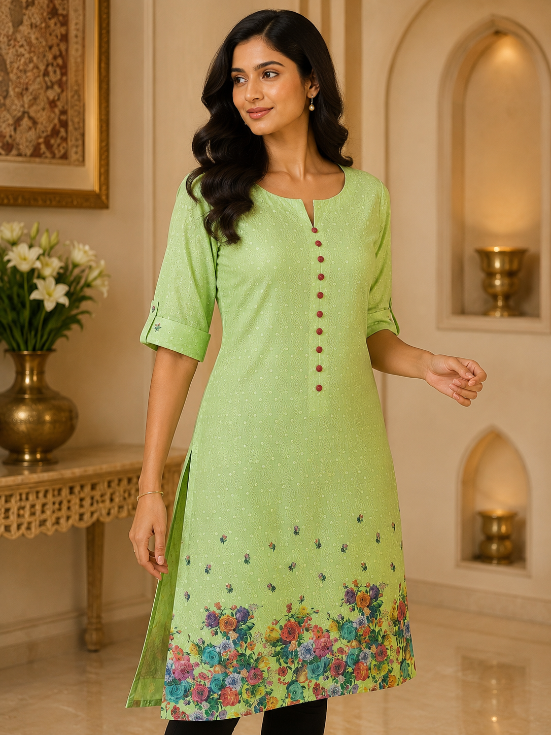 Green Hakoba kurta cut-out sleeves