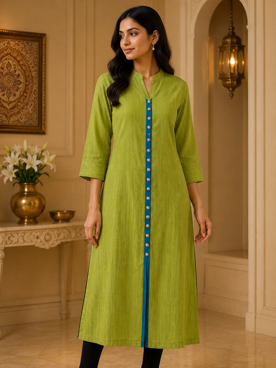 Olive green Bhagalpur tusser Silk Readymade Kurta