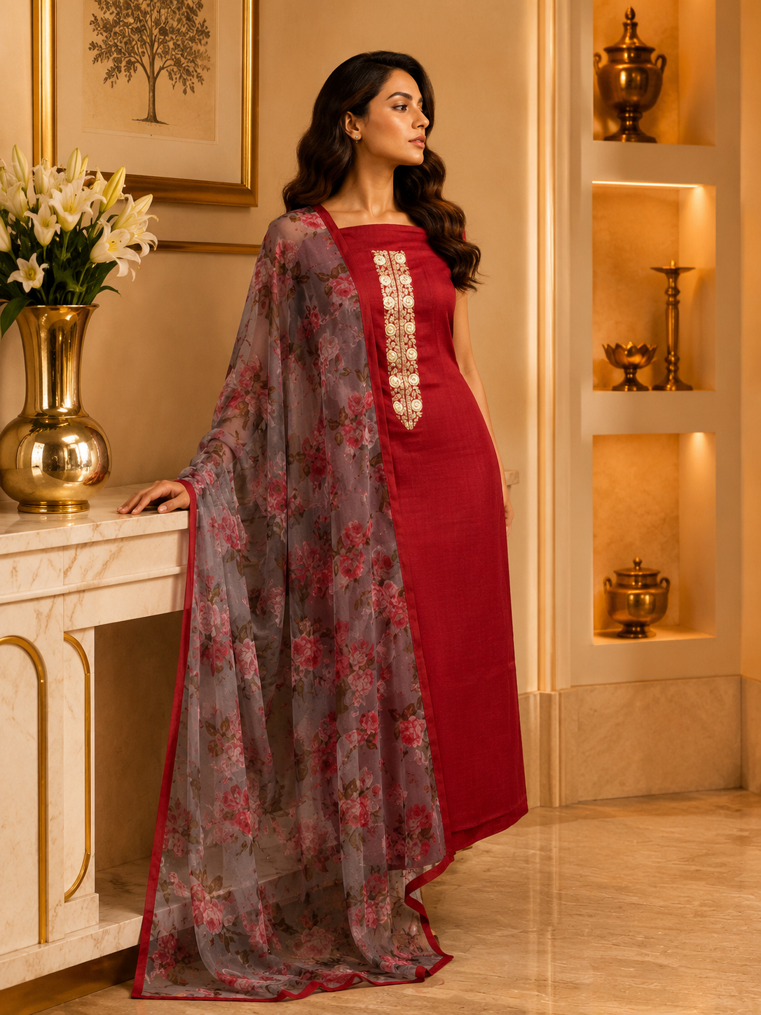 Red Mul Cotton Silk with Organza KD
