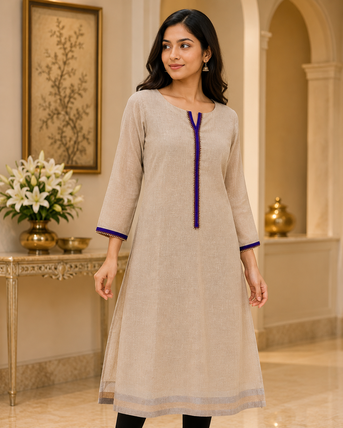 Peach linen Readymade Long kurta Blue lace