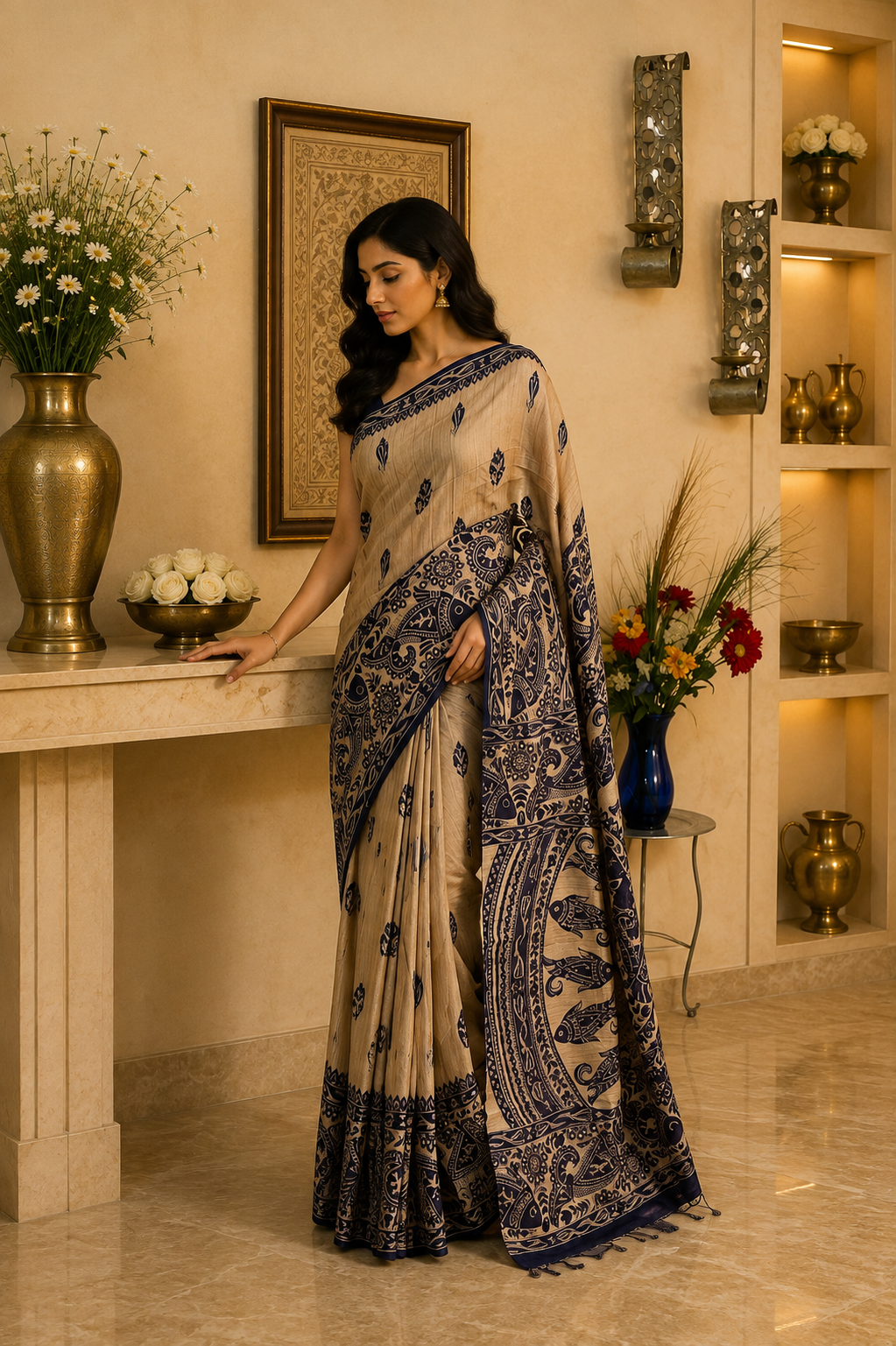 Tusser Giccha Madhubani Print Saree