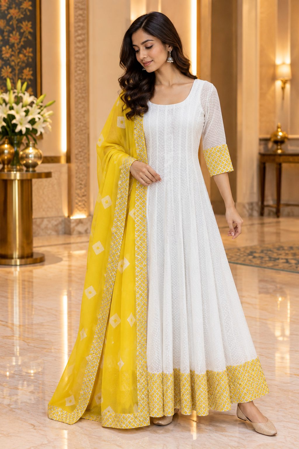 White ggt Anarkali & Yellow Dupatta