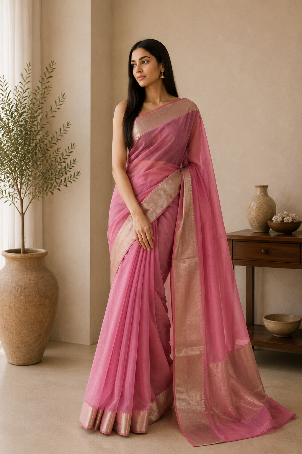 The Rose Gold Radiance: Pink Benaras Cotton Silk Saree