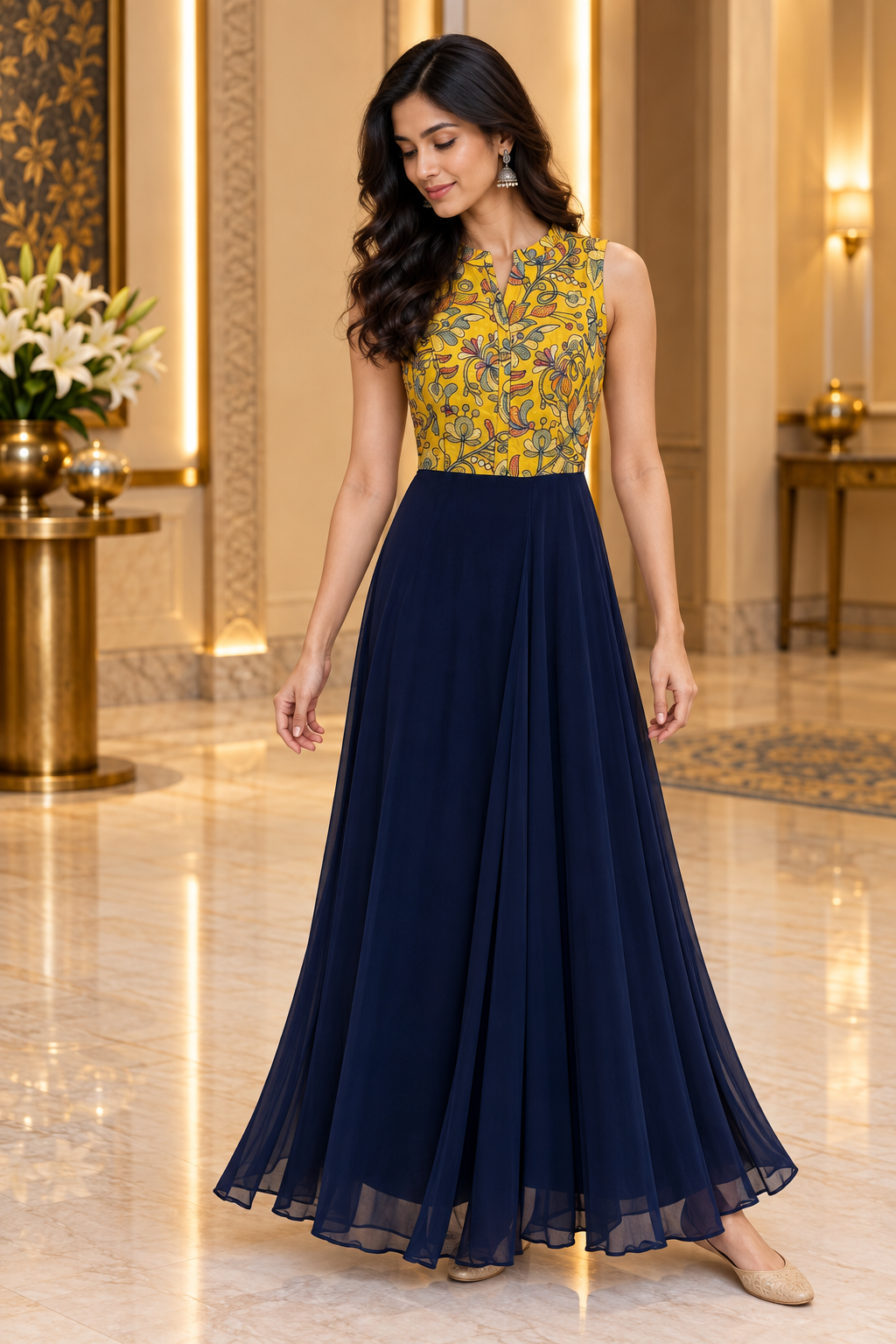 Yellow kantha work Long Gown