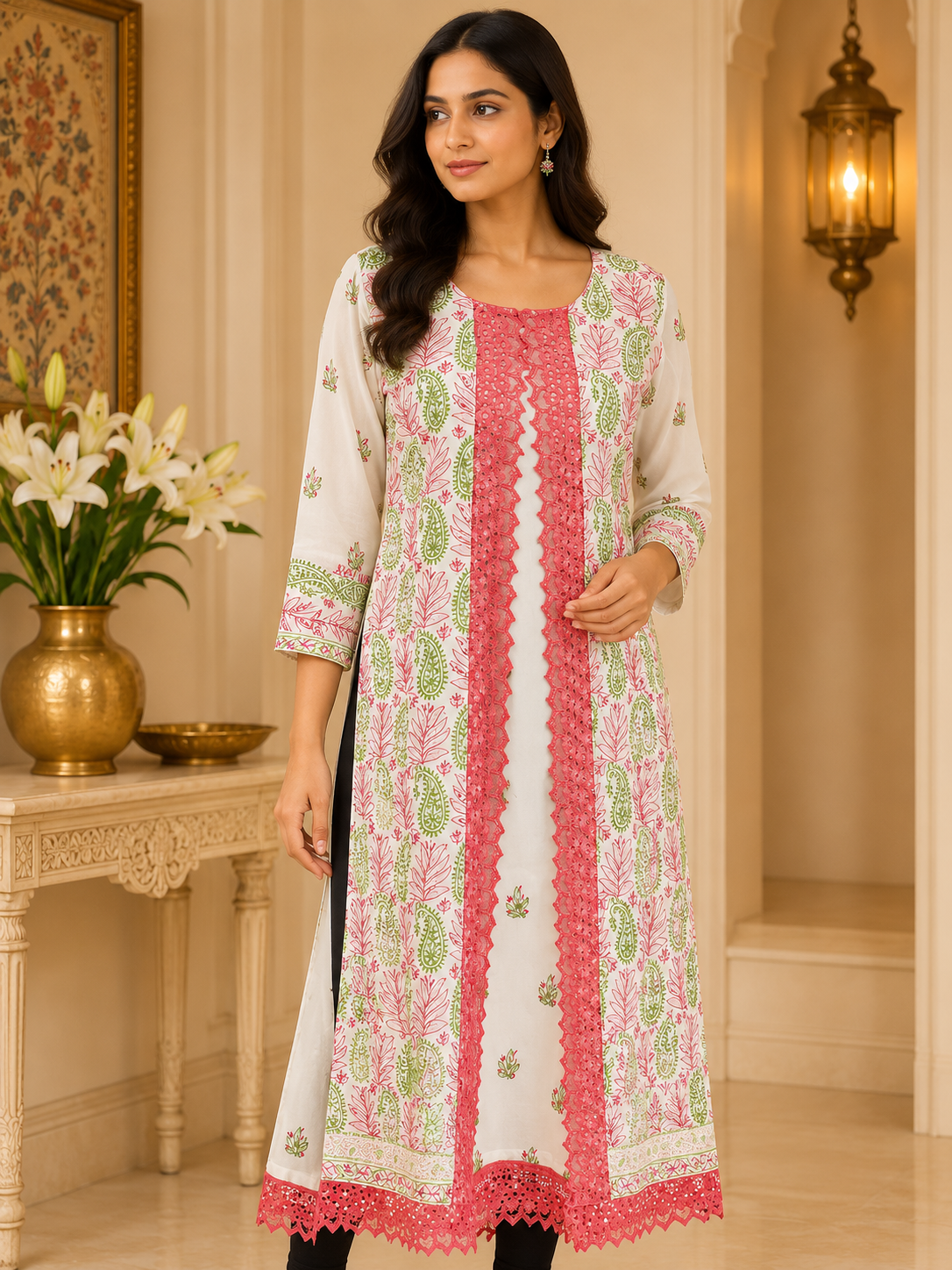 Pink & Green Long Chikankari Jacket Kurta