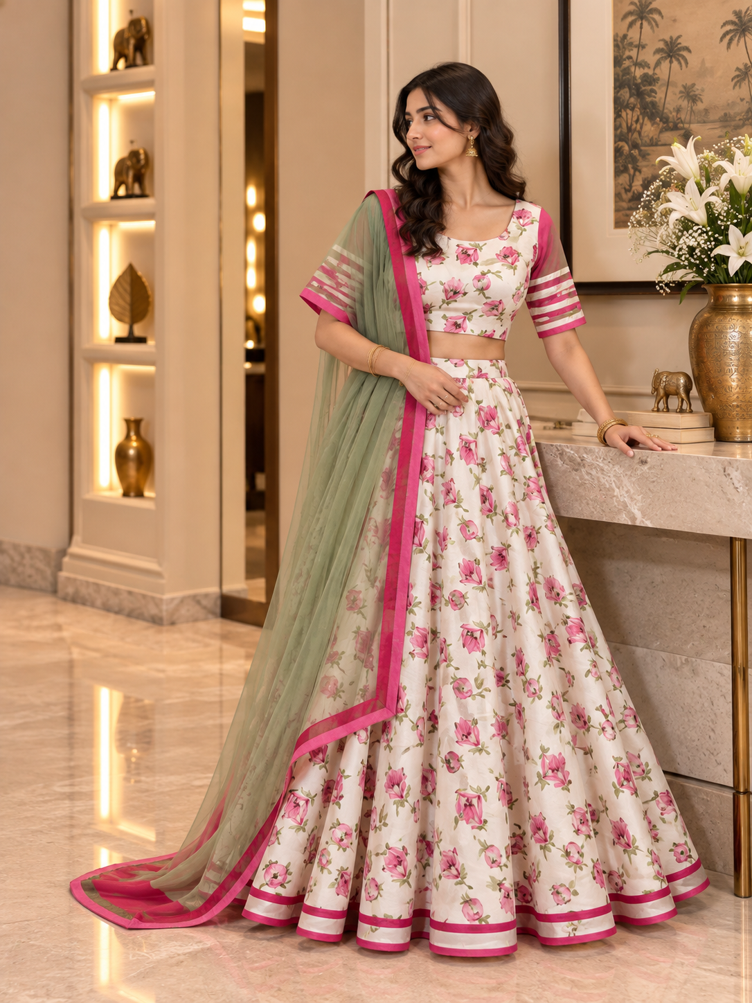 White Floral Satin Umbrella Lehenga set