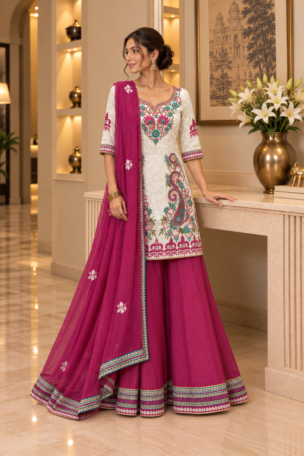 Ivory self embroidered Crepe Silk Kurta And Palazzo Set