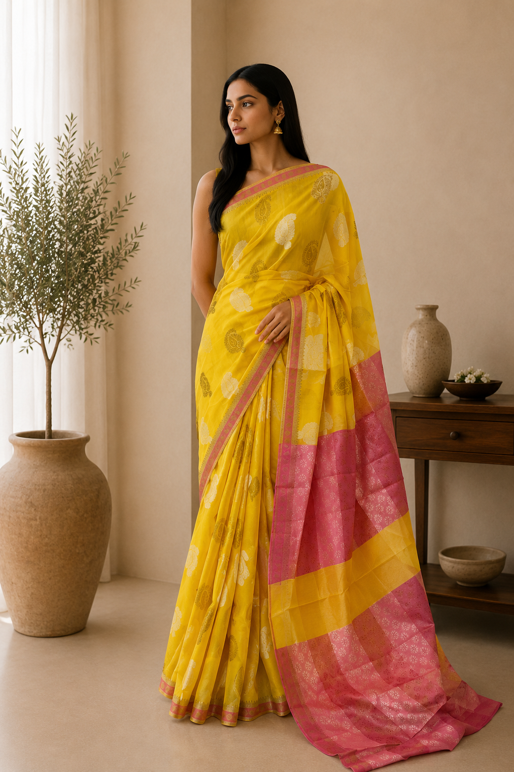 The Marigold and Rose: Yellow Benaras Cotton Silk Saree