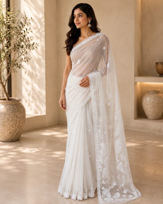 White Chikankari Saree