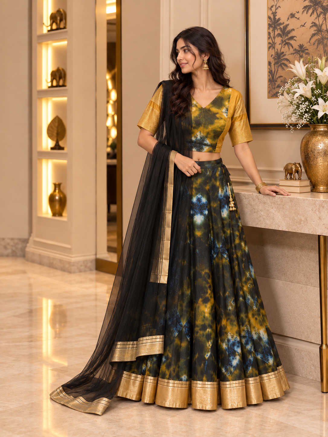 Mustard and Black Organza Lehenga set