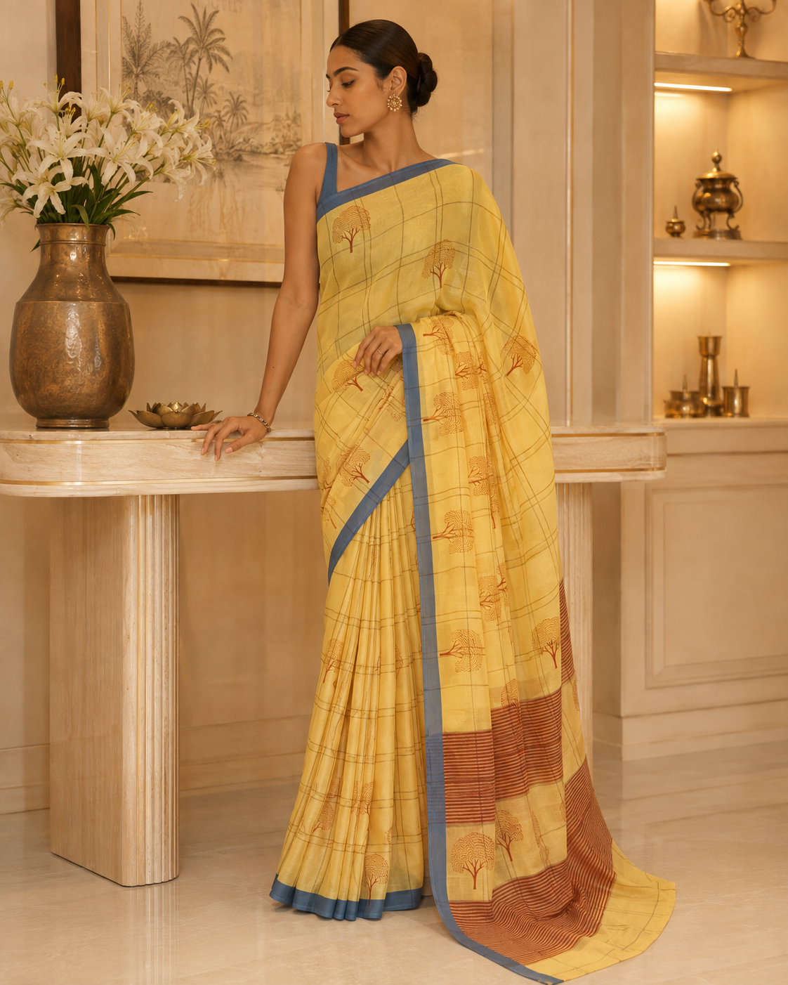 Mustard Linen Printed Saree