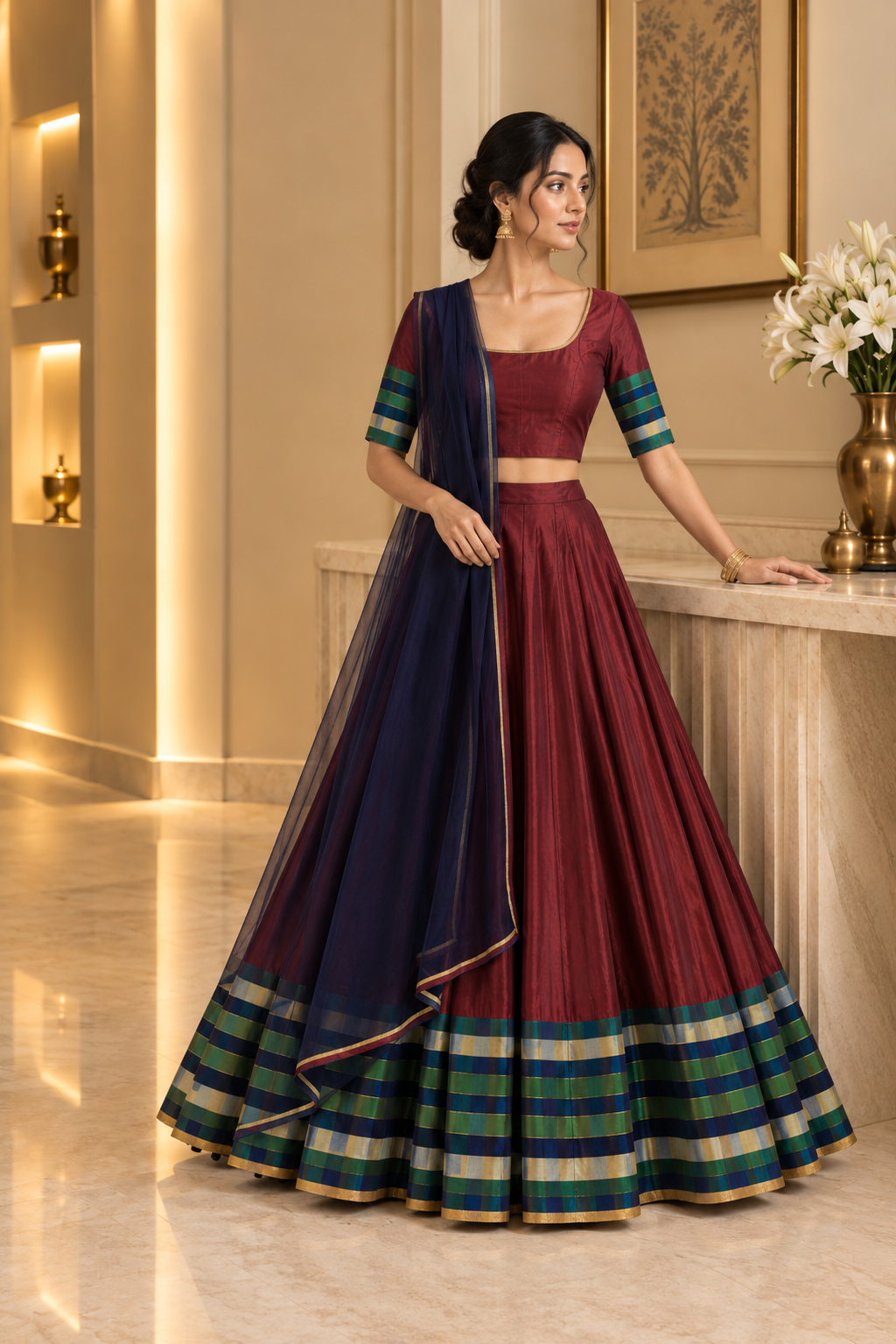 Maroon checkered Lehenga Set