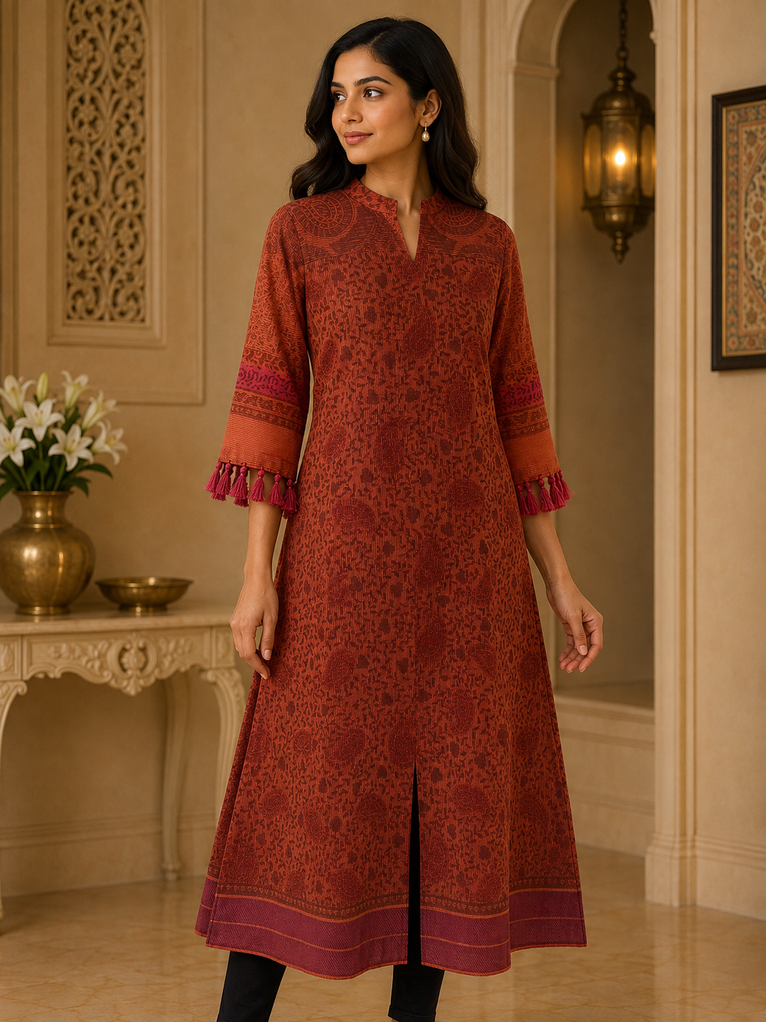 Orange Paisley Print Readymade Kurta