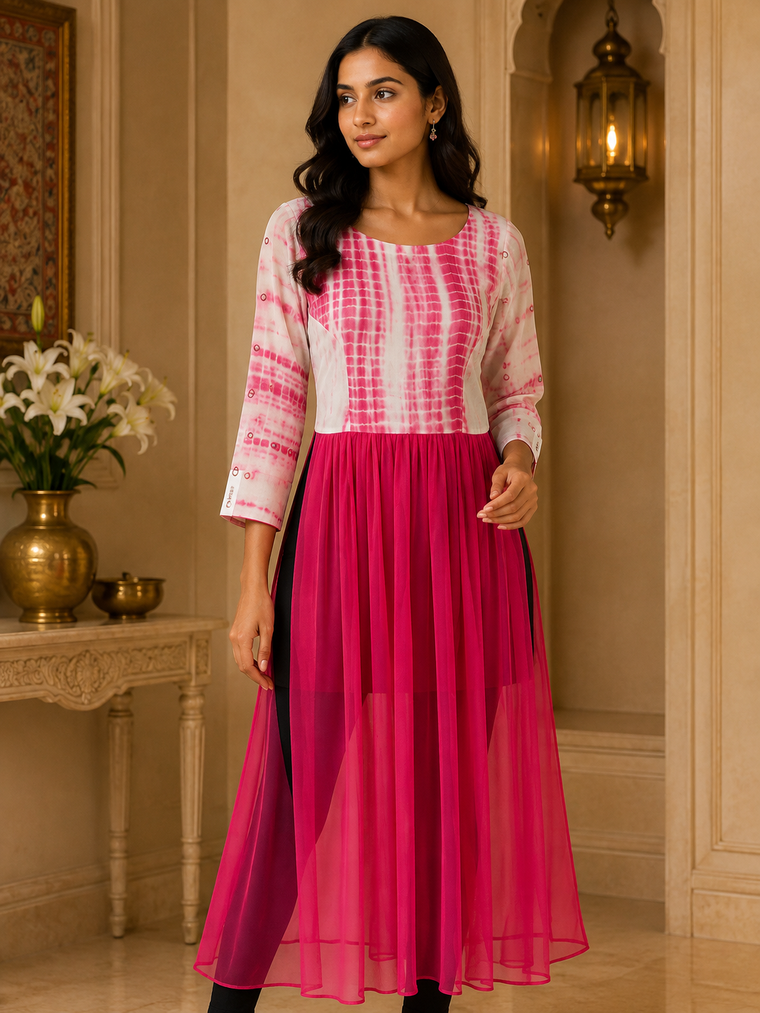 Readymade Long kurta with shibori yoke