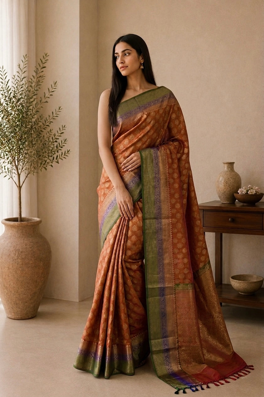 The Autumnal Glow: Mustard Salmon Benaras Semi Silk Saree