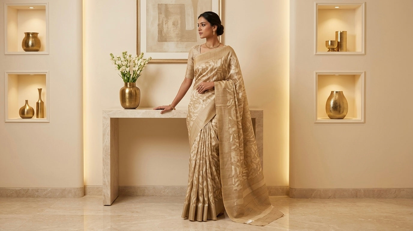 Beige Cotton Silk Saree Abstract