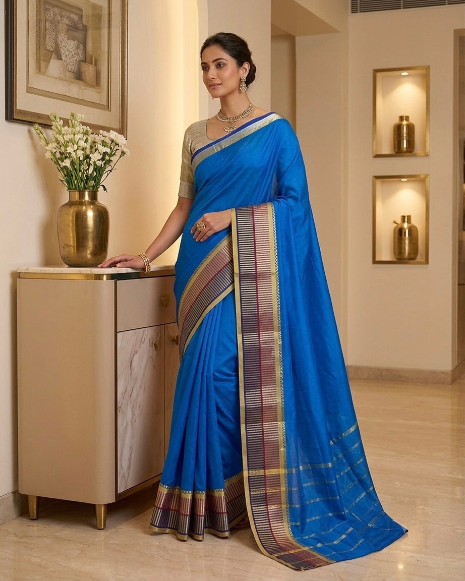 Blue Cotton Silk Saree