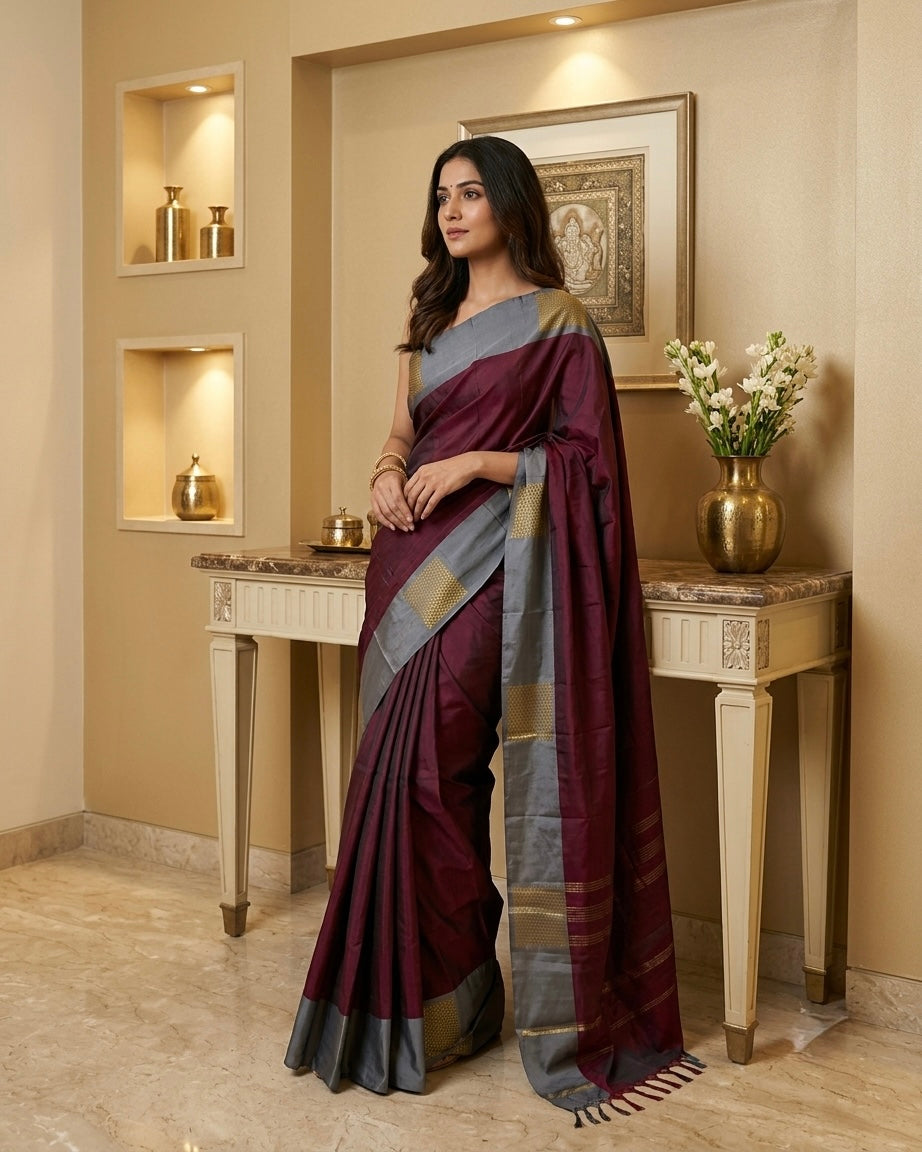 Wine Viscose Cotton Silk Saree