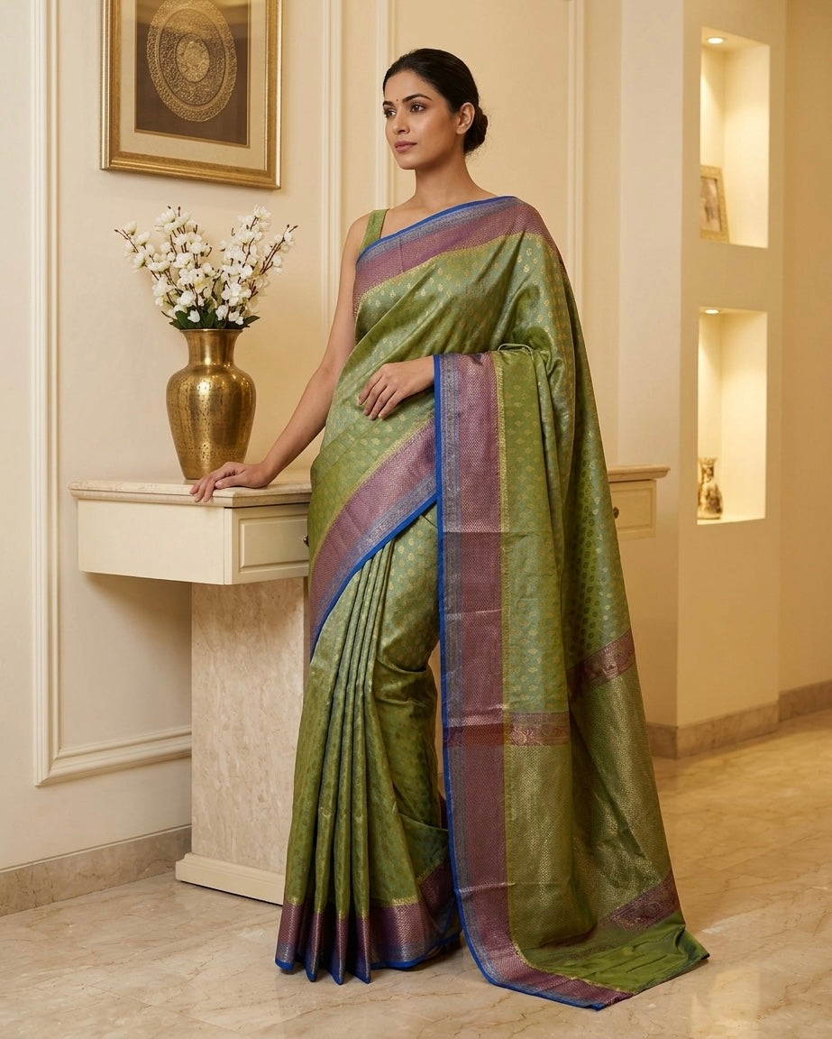 The Oceanic Majesty: Green-Blue Benaras Semi Silk Saree