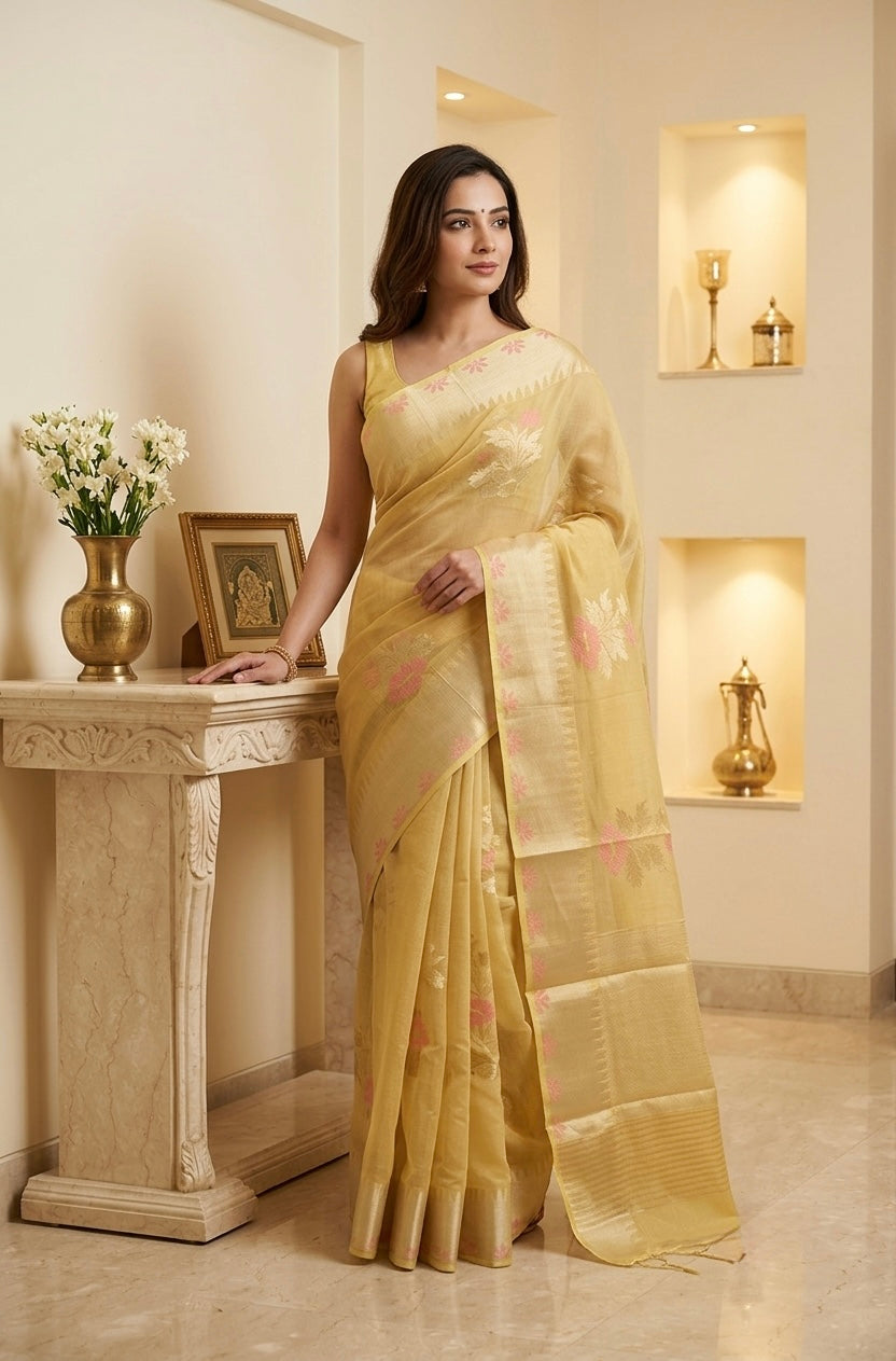 Mustard Benaras Kora Organza Saree