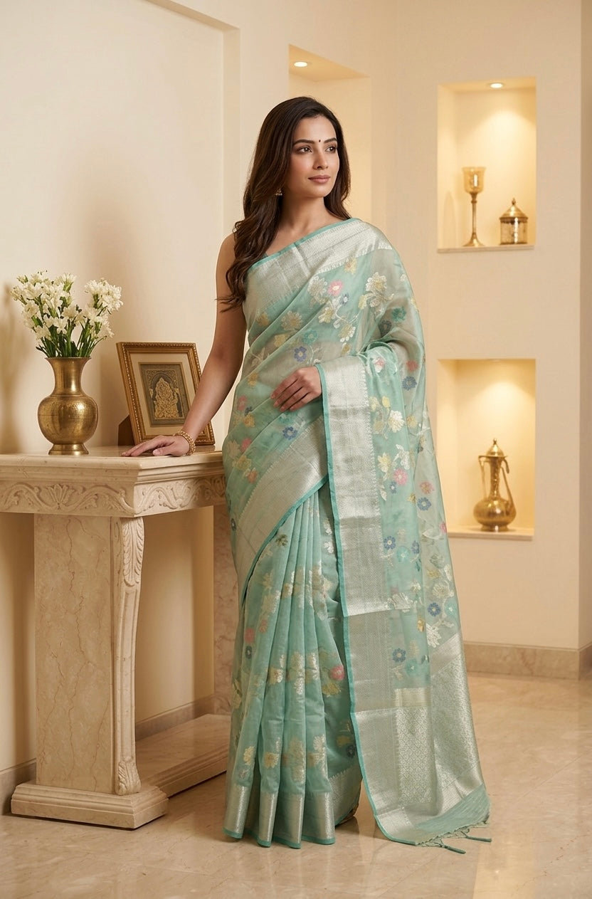 Sea green Benaras Kora Organza Saree