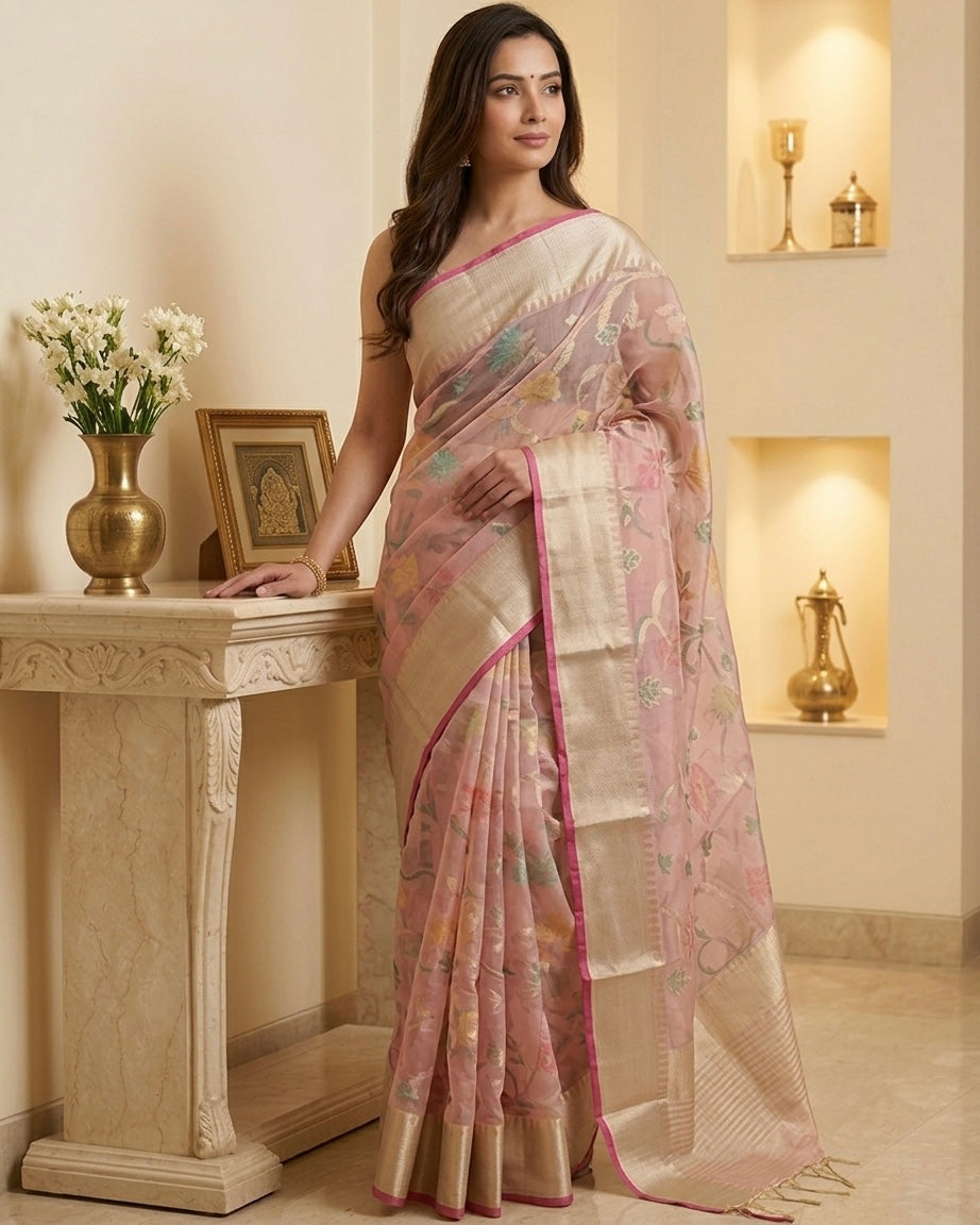 Pink Benaras Kora Organza Saree