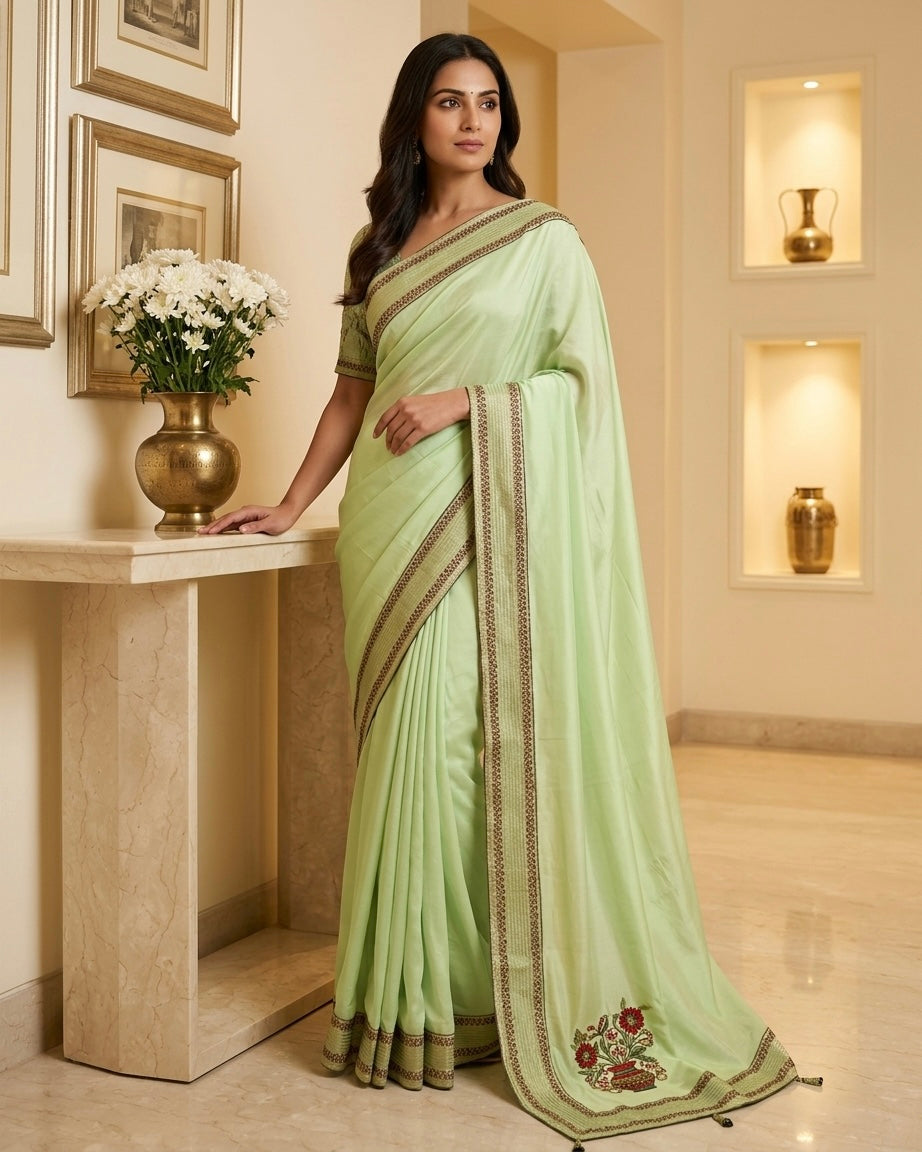 Lime Green Linen Silk Saree with threadwork Borders
