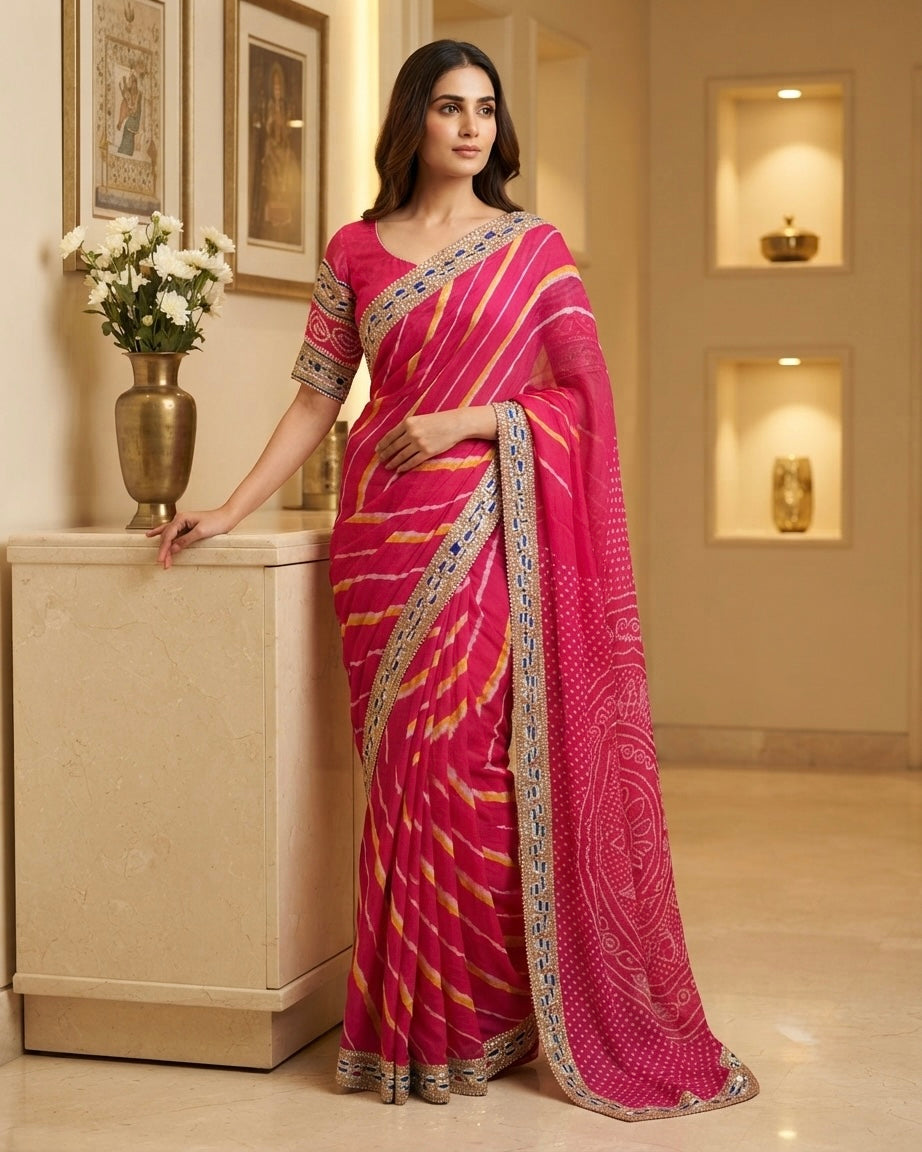 Pink Leheria Bandhini Ready blouse