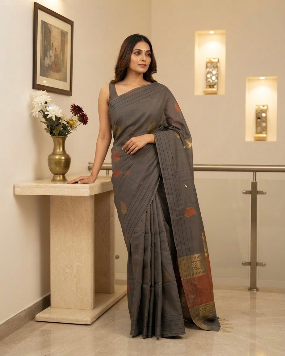 Grey Kora Cotton Saree