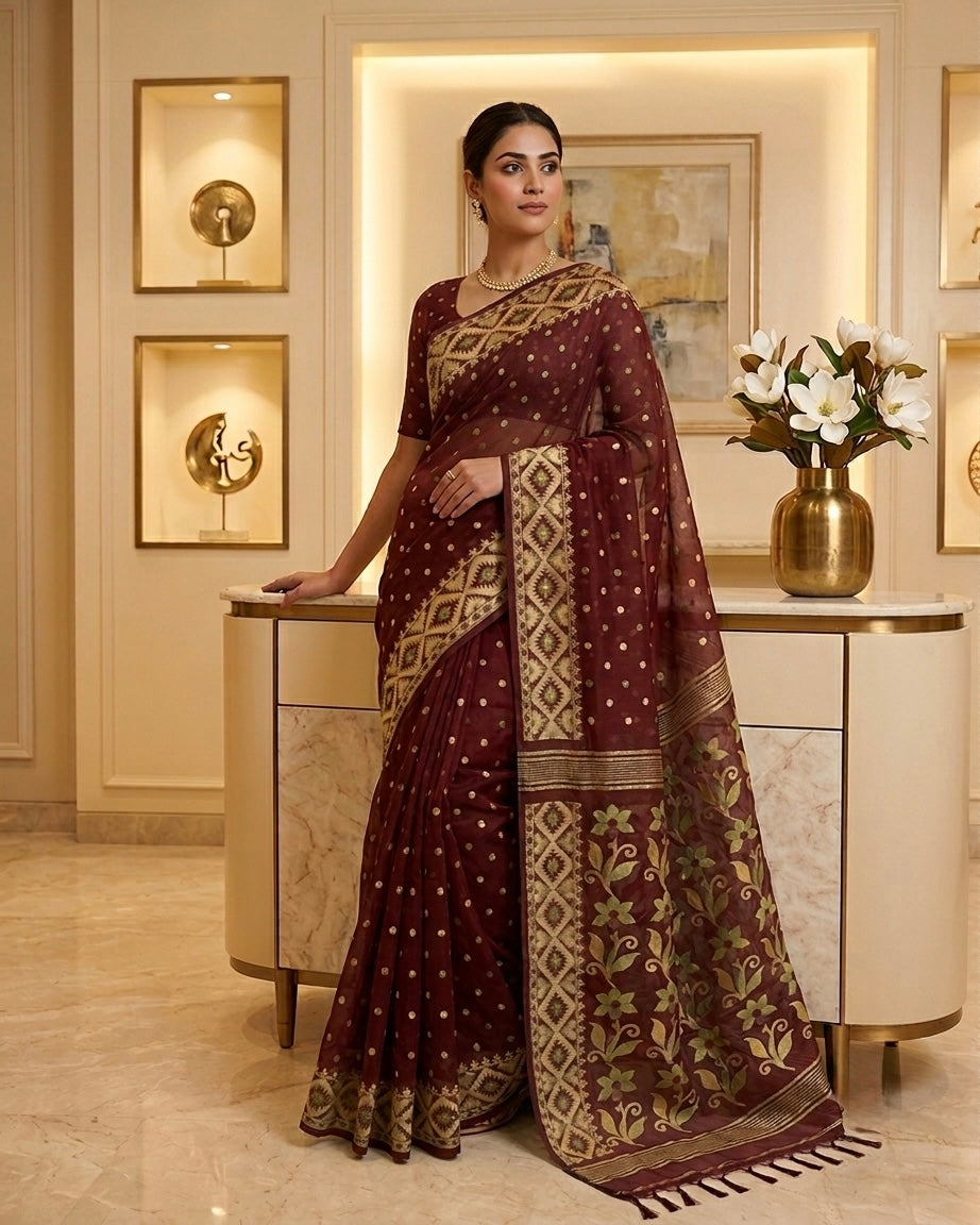 Jamdani Dhakai Maroon Saree