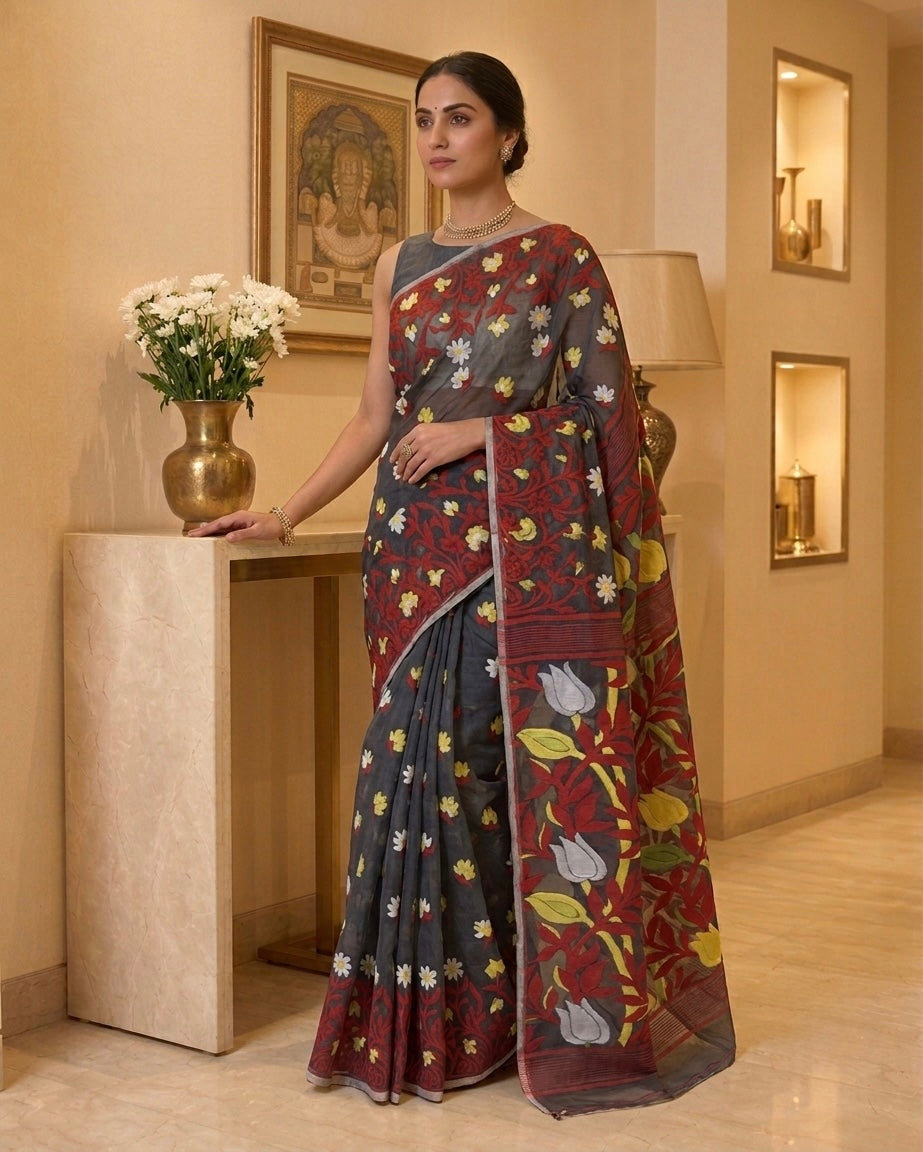 Jamdani Jumko Lata Grey Saree