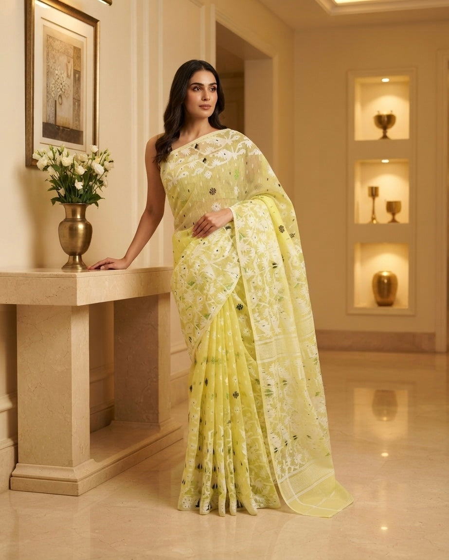 Jamdani Krishna Kali Yellow Saree