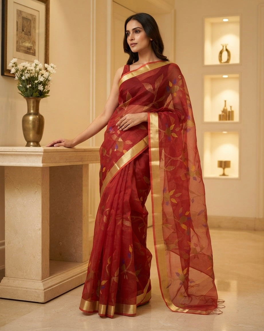 Jamdani Resham Red Saree
