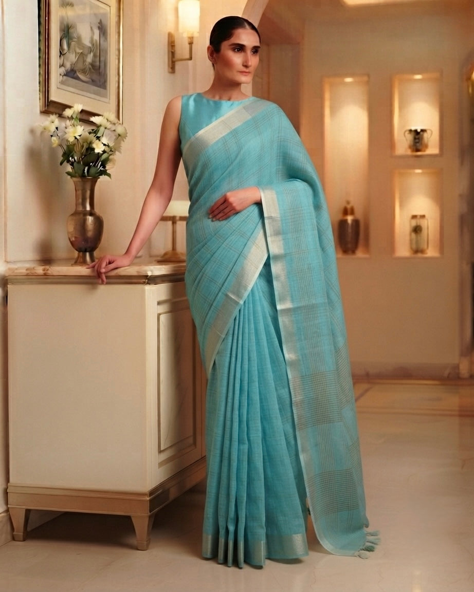 Zari Linen Checks Blue Saree